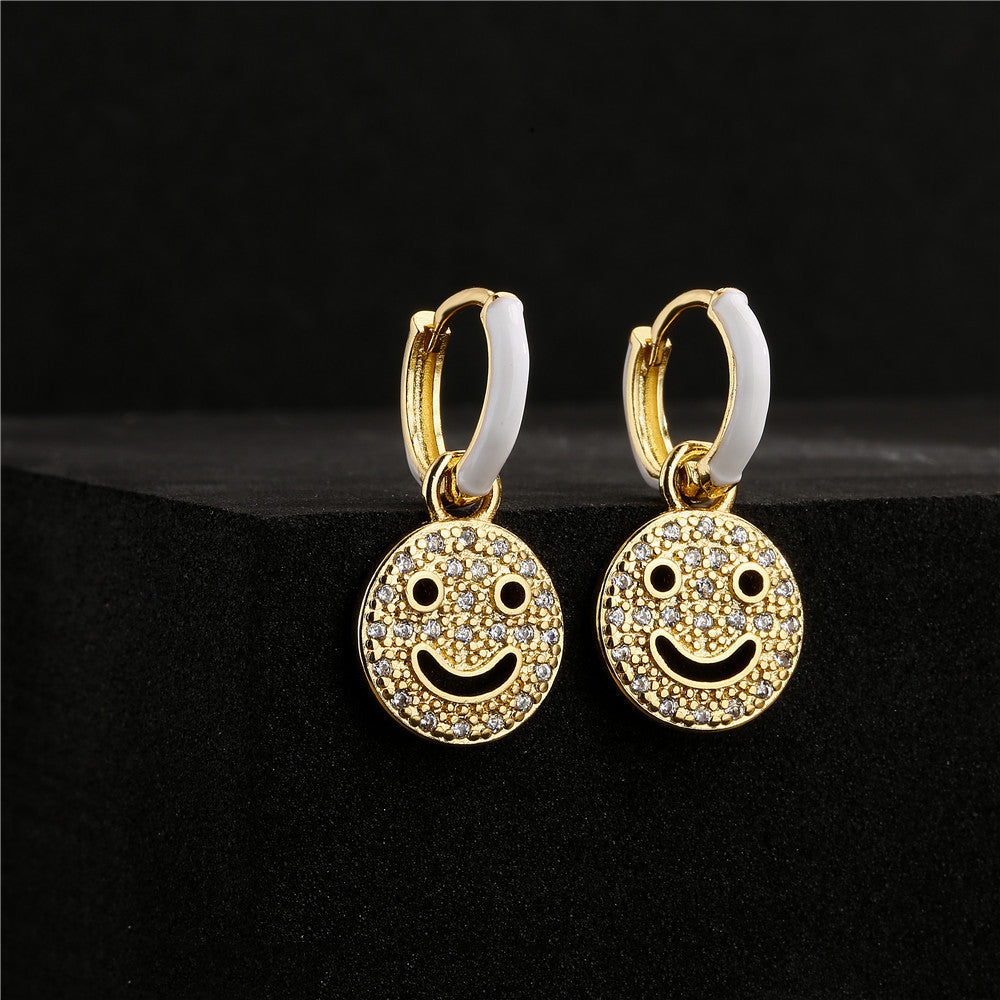 Sweet Geometric Drip Oil Brass Micro-Paved Cubic Zirconia 18K Gold Plated Smile Earrings