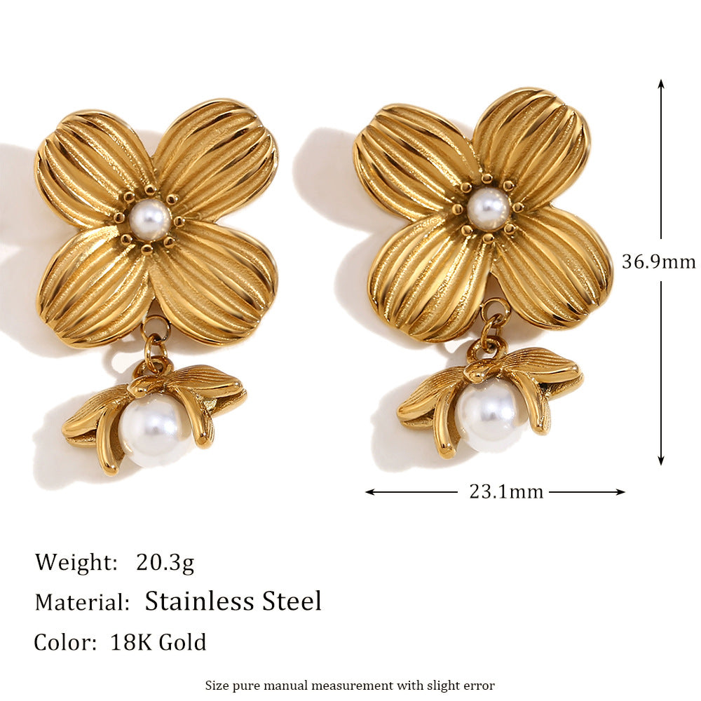 Vintage Floral Geometric Stainless Steel Earrings with 18K Gold Plating and Simulated Pearl Accents