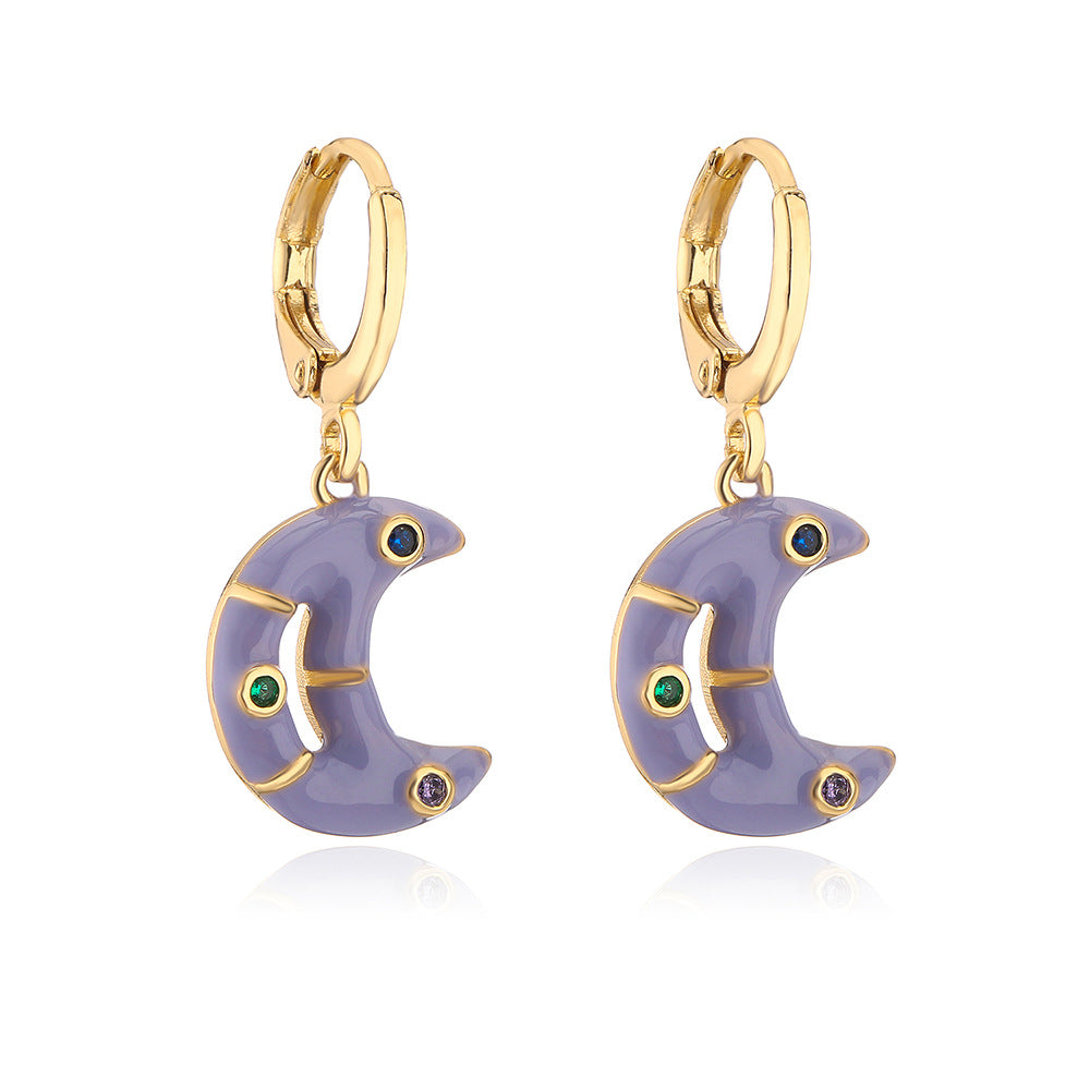Orecchini bohémien a forma di luna in rame placcato oro con finitura smaltata da donna