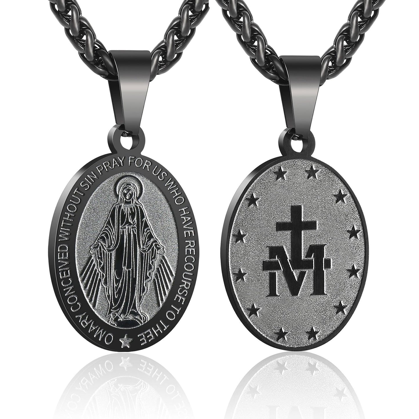 Minimalist Geometric Double-Sided Portrait Medal Pendant Necklace in Stainless Steel with Plated Finish on Snake Chain