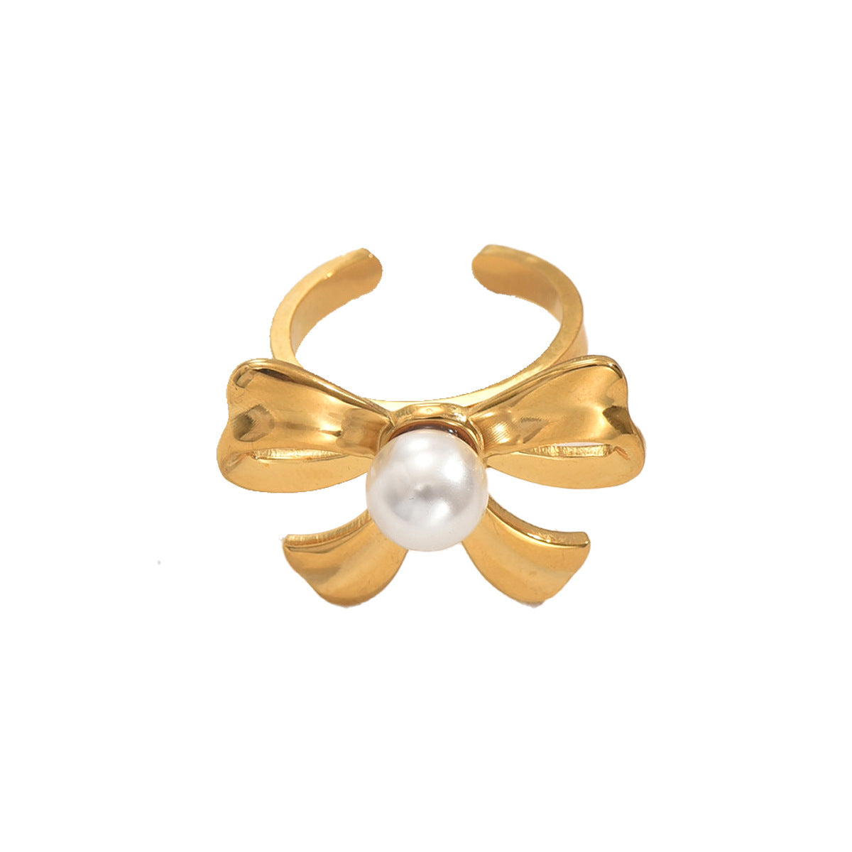 Anillo abierto ajustable con forma de lazo a la moda para mujer, hecho de cobre con incrustaciones de perlas