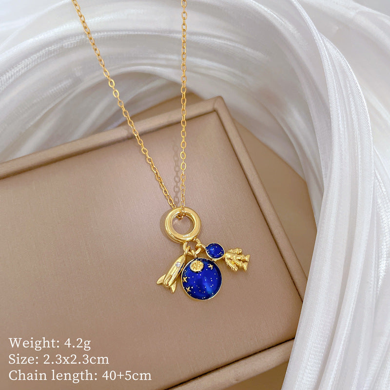 Sweet Elegant Geometric Rhinestone Planet Rocket Pendant Titanium Steel Necklace for Unisex