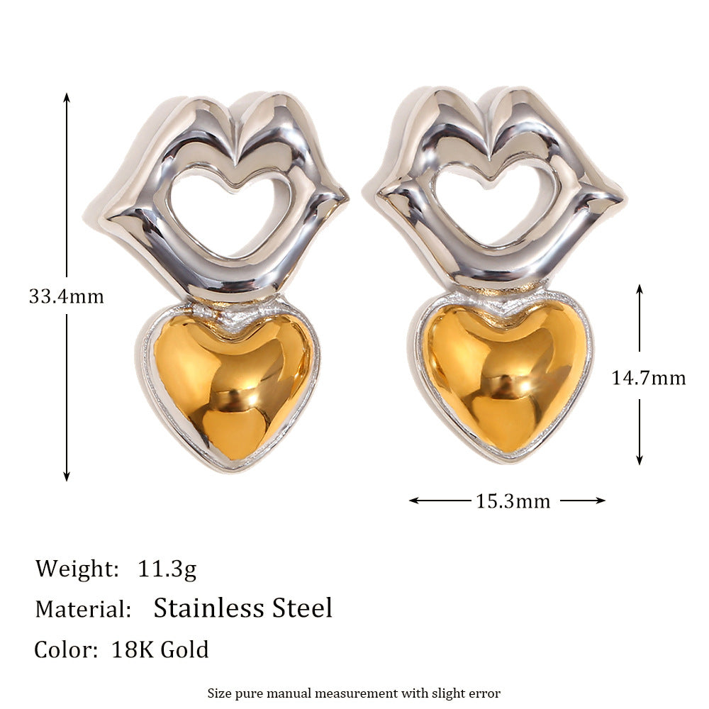 Orecchini a perno geometrici minimalisti di moda in acciaio inossidabile con labbra e cuore placcati oro 18K per donna