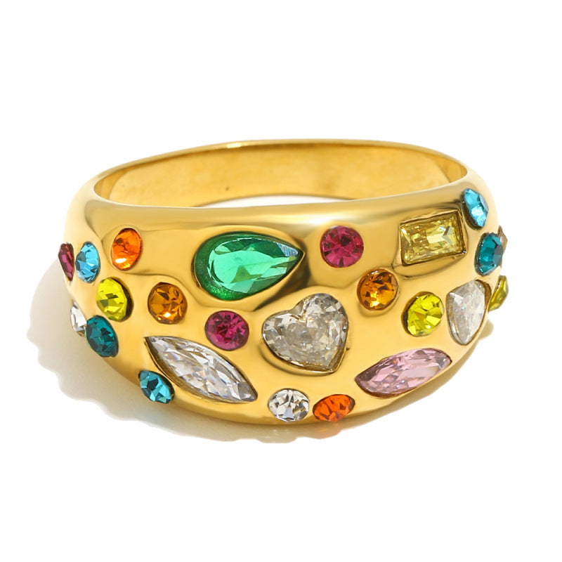 Anello in acciaio inossidabile placcato oro con strass floreali a goccia, geometrico, lussuoso ed elegante