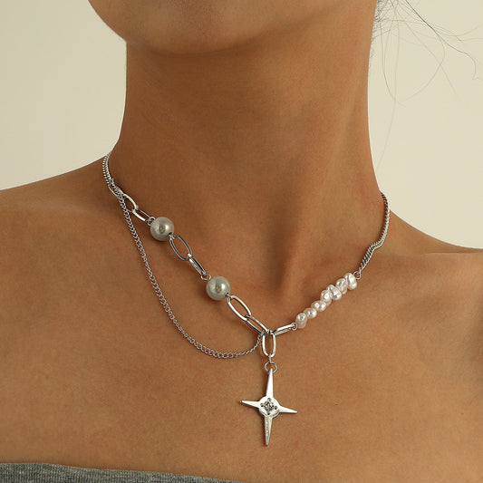 Collana da Donna Asimmetrica con Perle a Stella Fluorescenti in Lega Placcata