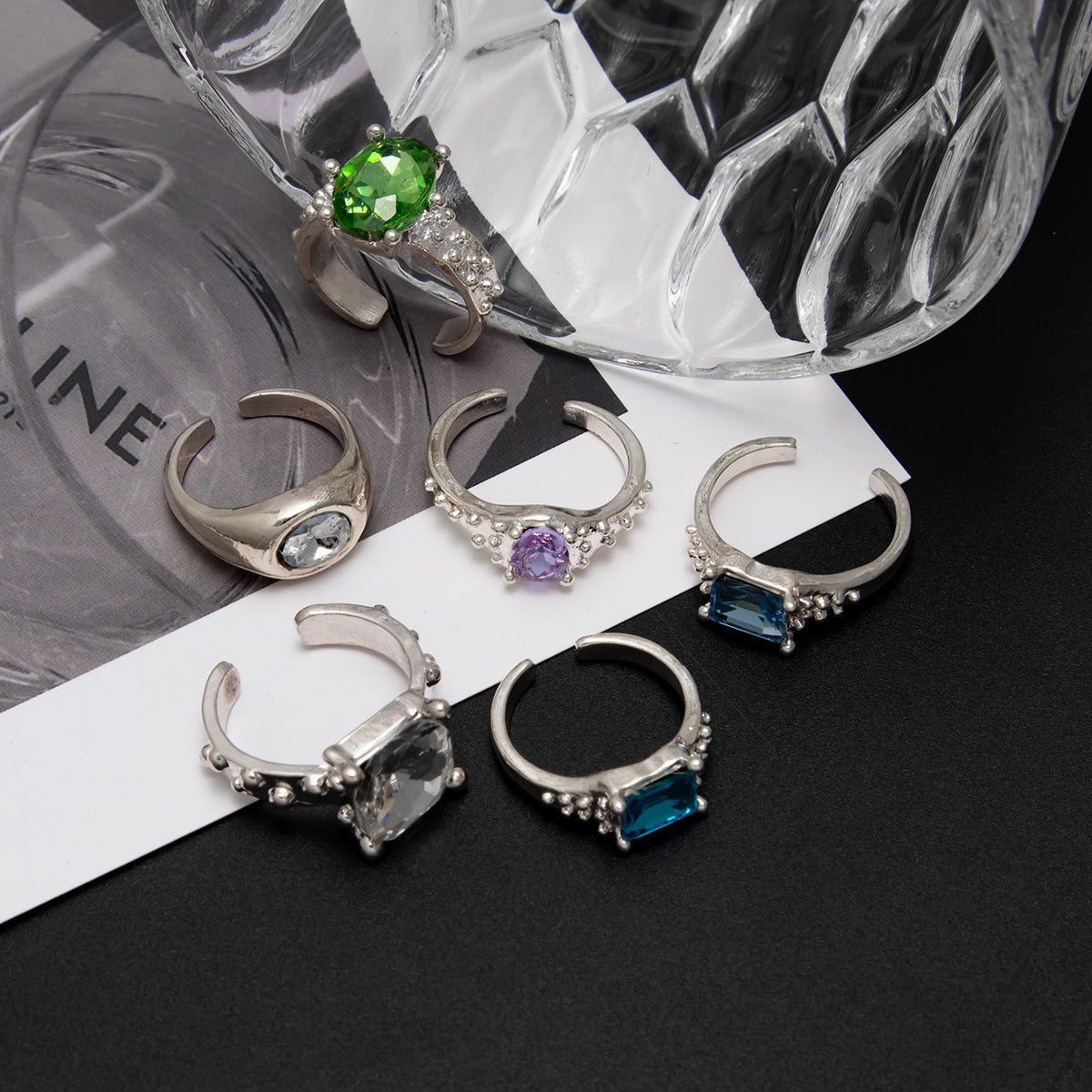 Sweet Geometric Square Zinc Alloy Plated Ring with Colorful Gemstone Inlay for Women