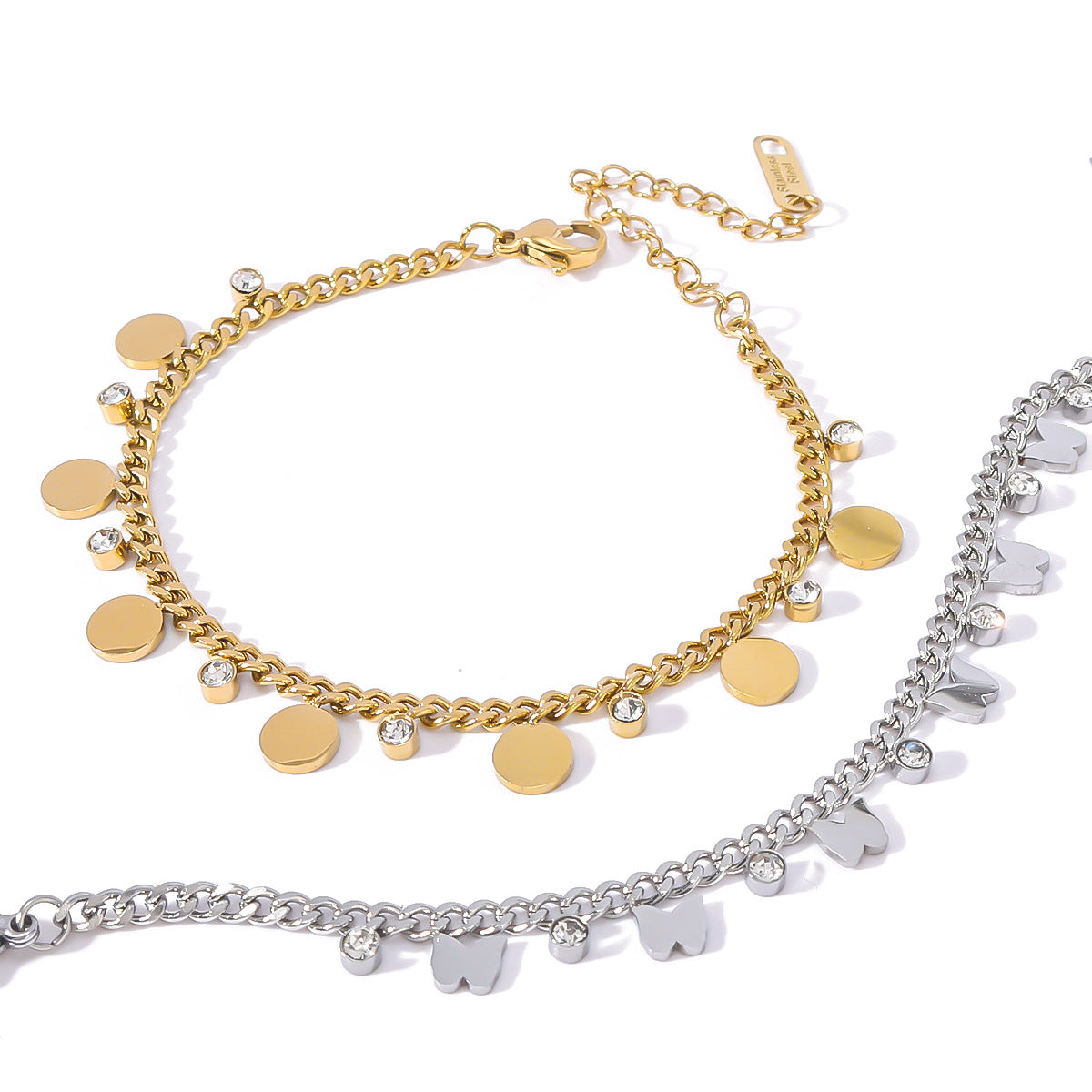 Minimalist French-Style Round Geometric Titanium Steel Bracelet with Rhinestone Inlay and Polished Finish for Women