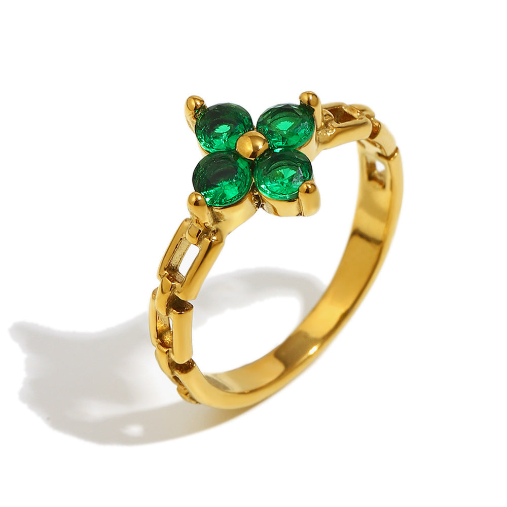 Anello Minimalista Geometrico in Acciaio Inox con Placcatura in Oro 18K e Dettagli in Zirconi per Donna