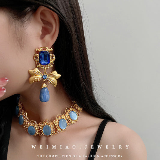 Vintage Bow-Shaped Rhinestone-Set Drop Earrings in Stainless Steel with Metallic Finish for Women
