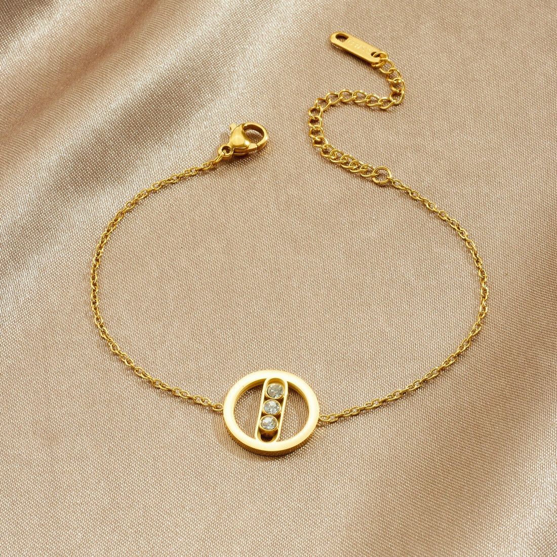 Minimalist Elegant Gold Plated Round Geometric Rhinestone Stainless Steel Bracelet