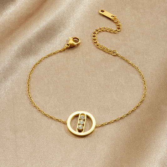 Minimalist Elegant Gold Plated Round Geometric Rhinestone Stainless Steel Bracelet