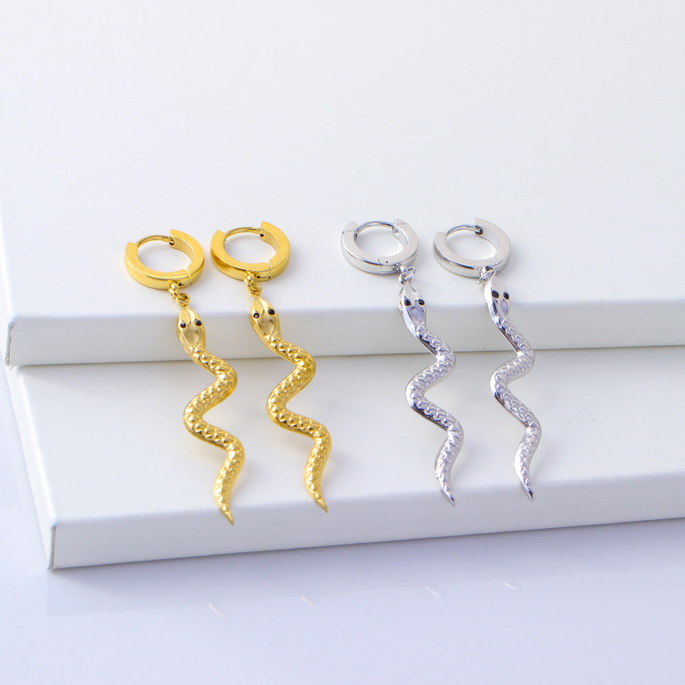 Fashionable Snake-Shaped Stainless Steel Earrings for Women with Gold Plating, Long Length to Complement Facial Features