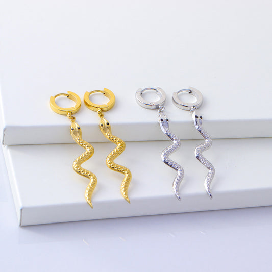 Fashionable Snake-Shaped Stainless Steel Earrings for Women with Gold Plating, Long Length to Complement Facial Features