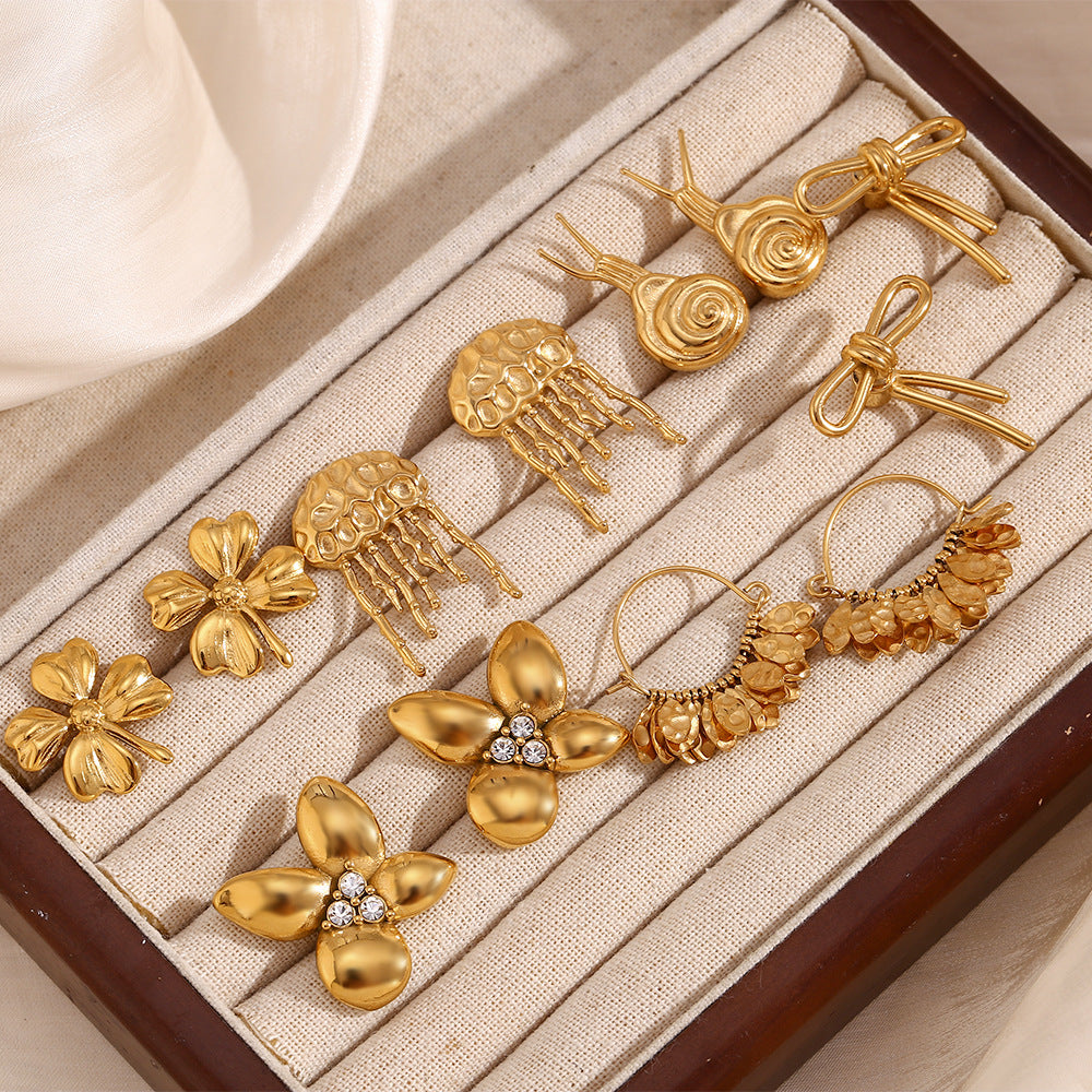 Vintage-Inspired Floral Snail Pendant Earrings in Stainless Steel with 18K Gold Plating for Women