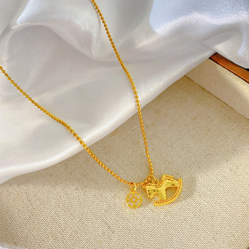 18K Gold Plated Geometric Horse Pendant Titanium Steel Ball Chain Necklace
