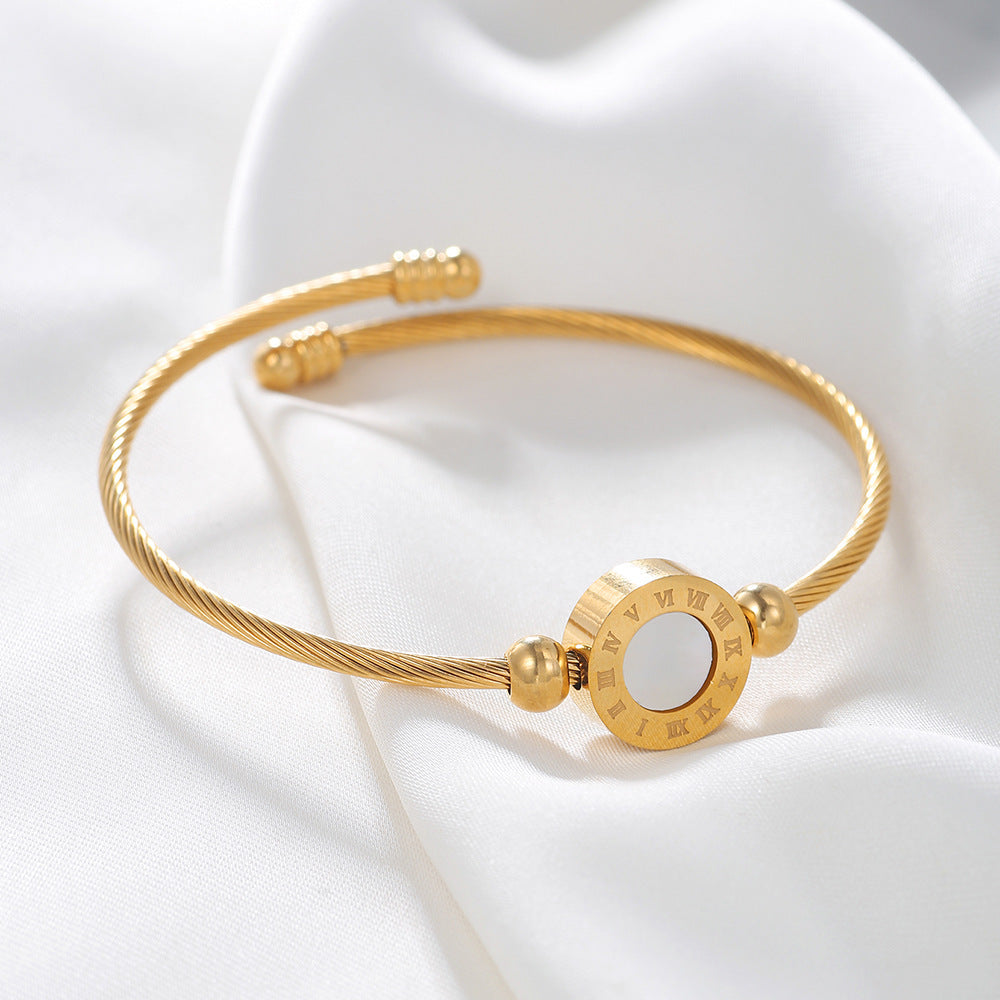 Adjustable Geometric Round Stainless Steel Cuff Bracelet with Shell Inlay