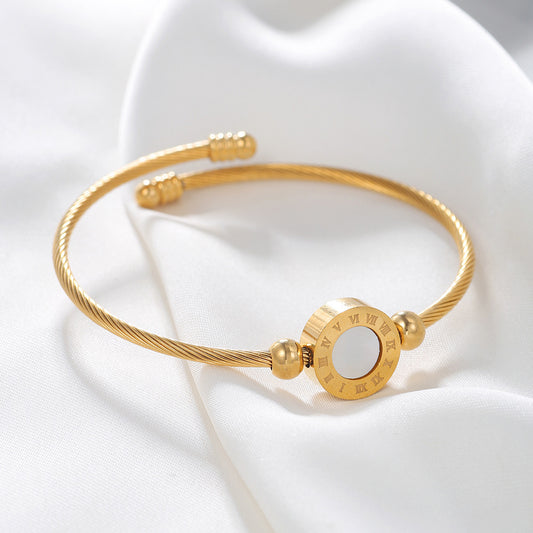 Adjustable Geometric Round Stainless Steel Cuff Bracelet with Shell Inlay