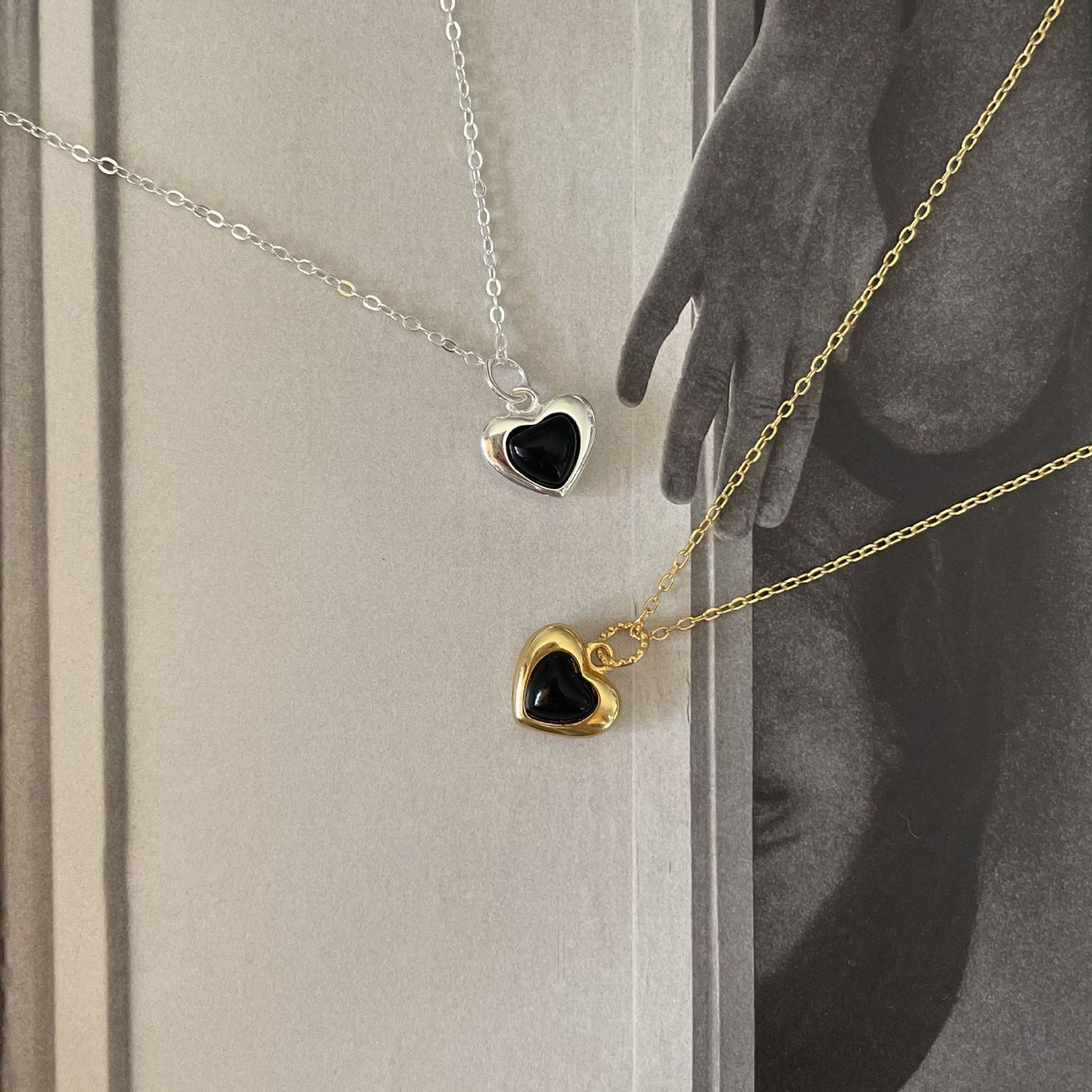 Collar minimalista de ágata negra con baño de oro, plata de ley 925, con forma de corazón, en cadena de serpiente