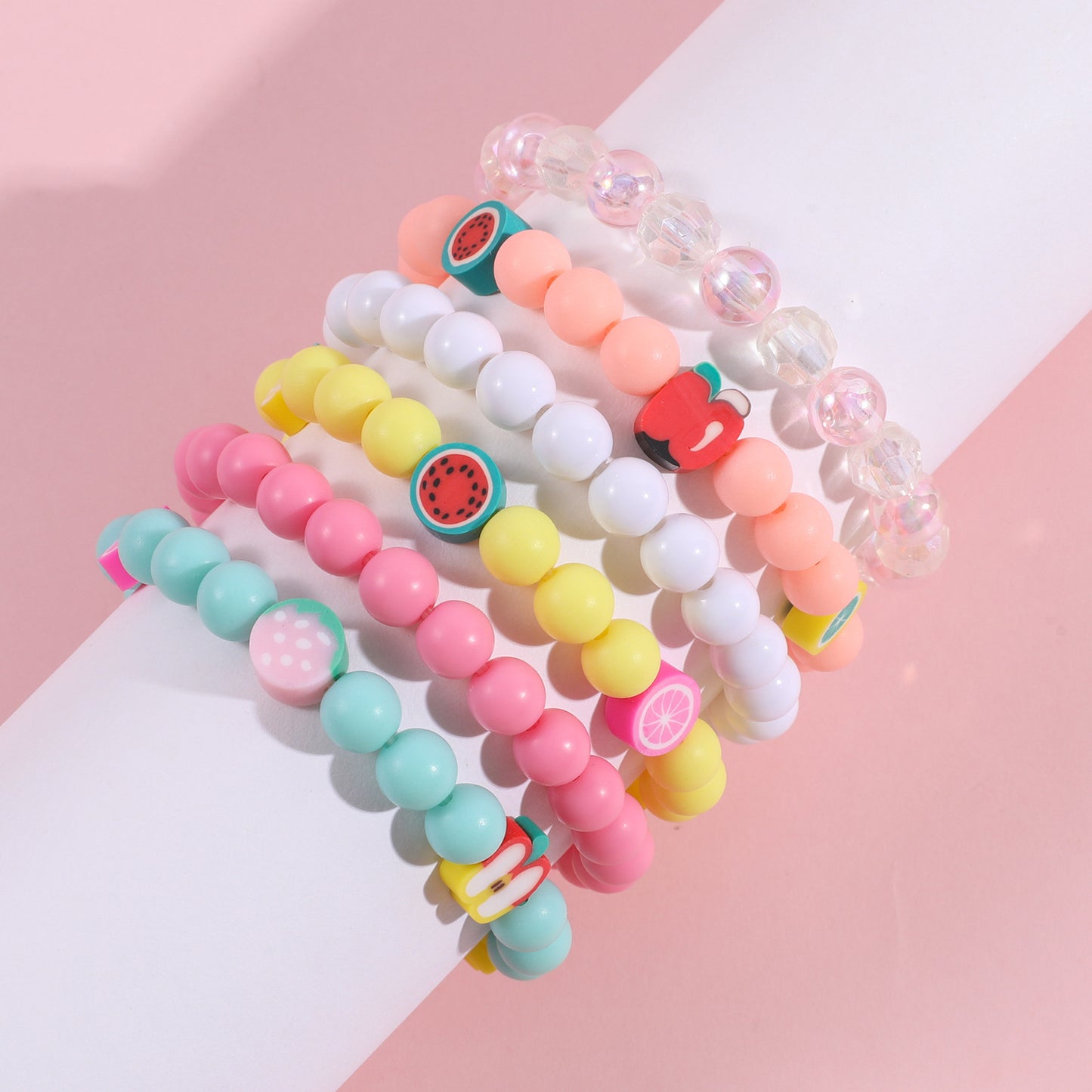 Cartoon Style Fruit-Shaped Resin Beaded Bracelet Set for Kids in Pastel Macaron Colors, Hypoallergenic Acrylic Beads with Handmade Craftsmanship