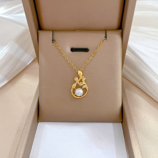 Minimalist Pearl Leaf Pendant Necklace for Women in Titanium Steel with Rhinestone Inlay and Geometric Design