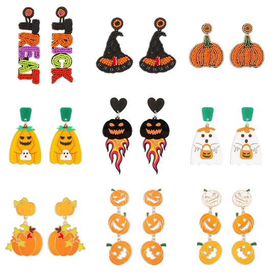 Playful Cartoon Halloween Earrings with Pumpkin Ghost Skull Letter Design in Acrylic Base with Rhinestone and Sequins Accents for Women