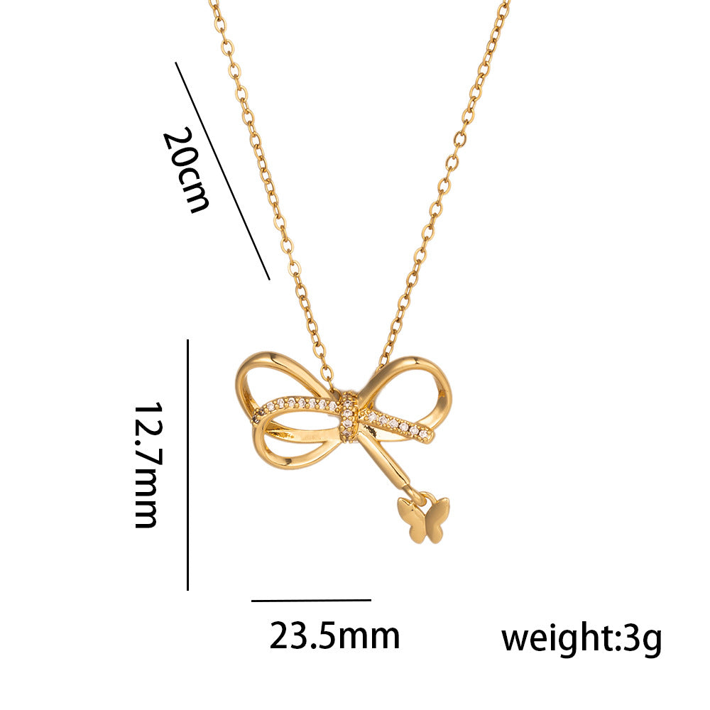 Collana Minimalista Irregolare con Fiocco e Perle Rotonde da Donna in Acciaio al Titanio con Catena a Serpente, Intarsi in Strass e Placcatura Sottovuoto