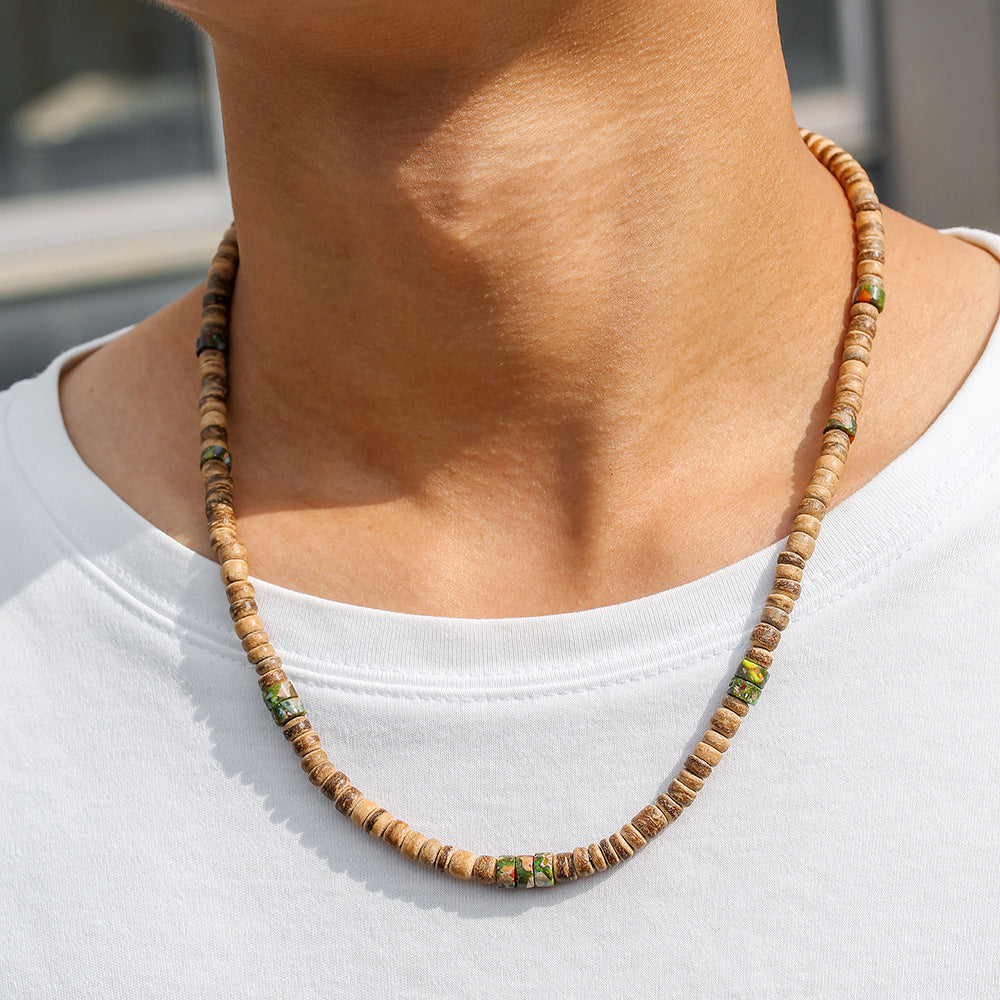 Vintage Bohemian Ethnic Handmade Geometric Coconut Shell Wood Beaded Stone Pendant Necklace for Unisex