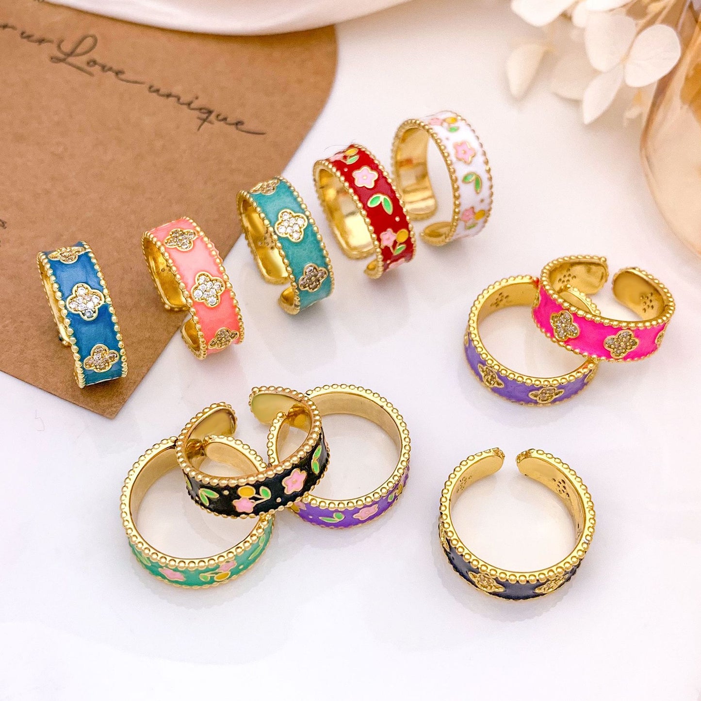 Vintage Elegant Floral Enamel Plated Alloy Ring for Women