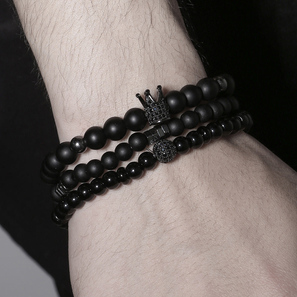 Men's Faceted Hematite and Alloy Beaded Bracelet Set with Geometric Cross Charms