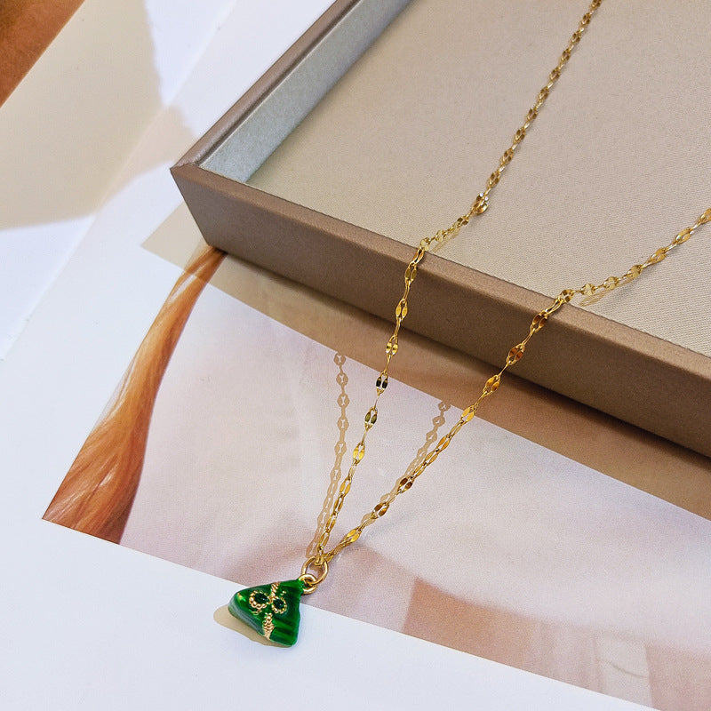 Original Design Green Mini Zongzi Pendant Necklace for Women in Titanium Steel with Snake Chain Minimalist Locket Style