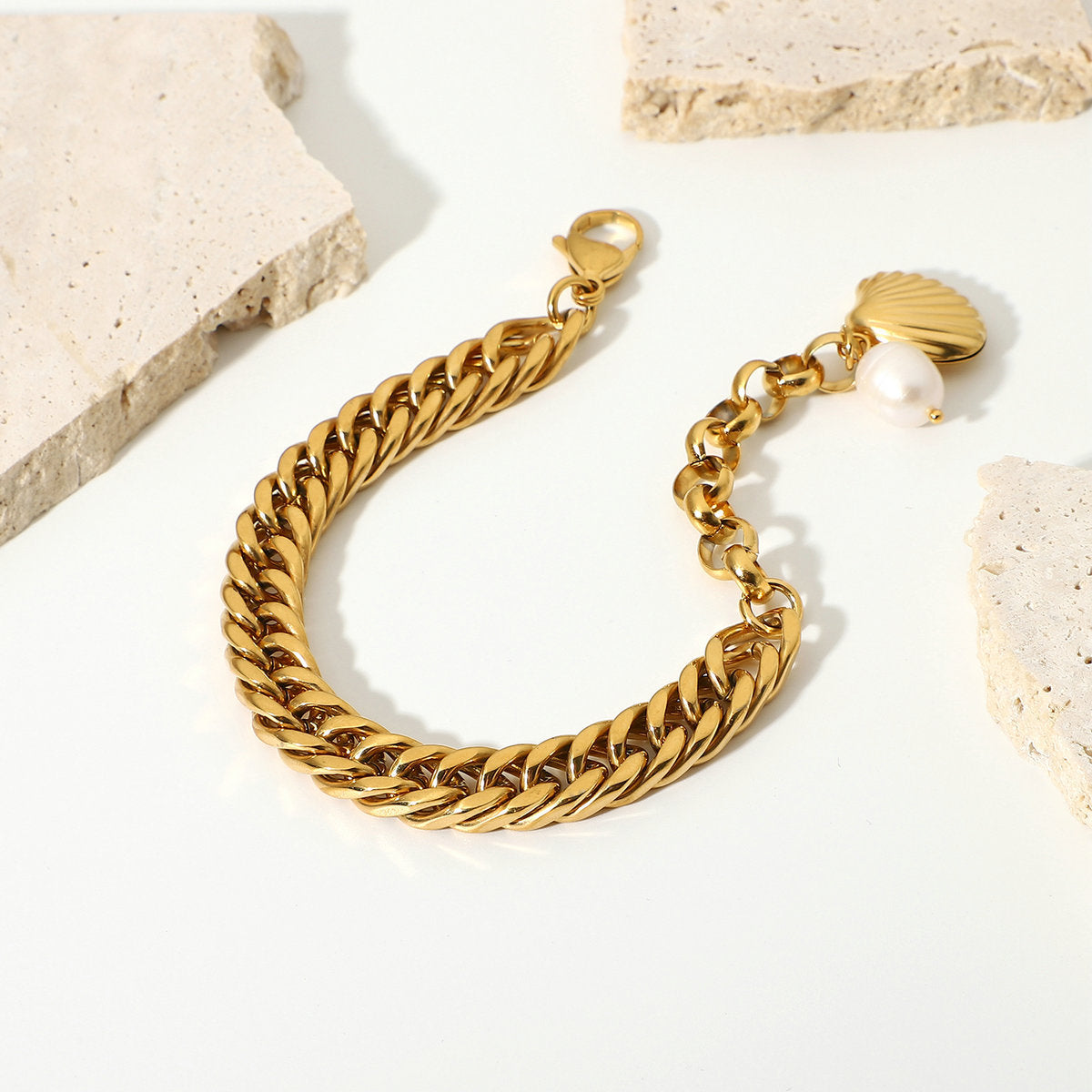 Elegant Geometric Stainless Steel Bracelet with 18K Gold Plated Cuban Chain and Freshwater Pearl Accents for Women