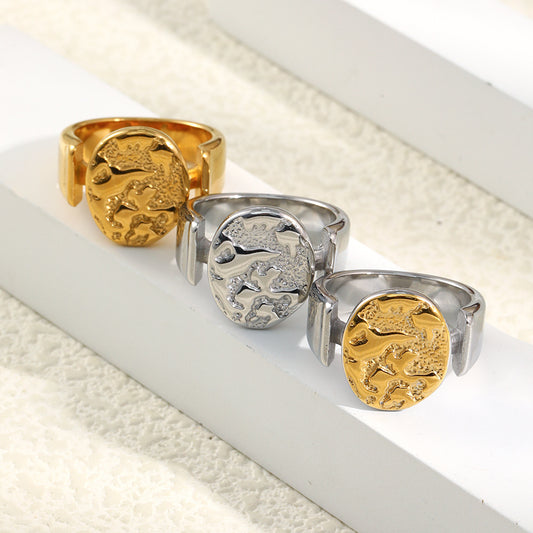 Minimalist Geometric Stainless Steel Ring with 18K Gold Plating and Nebula Relief Design