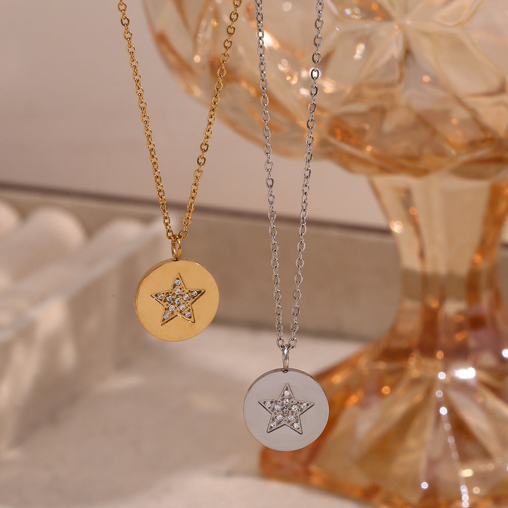 Minimalist Geometric Stainless Steel Pendant Necklace with 18K Gold Plating and Full Rhinestone Star Charm for Women
