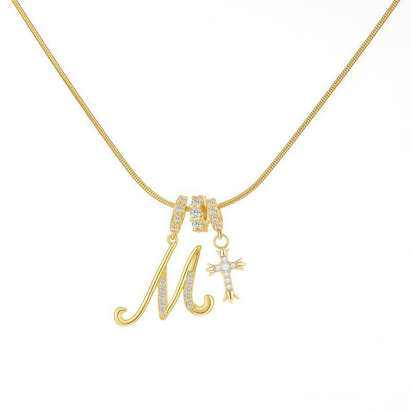 Sweet 22K Gold Plated Letter Titanium Steel Pendant Brass Cable Chain Necklace Unisex
