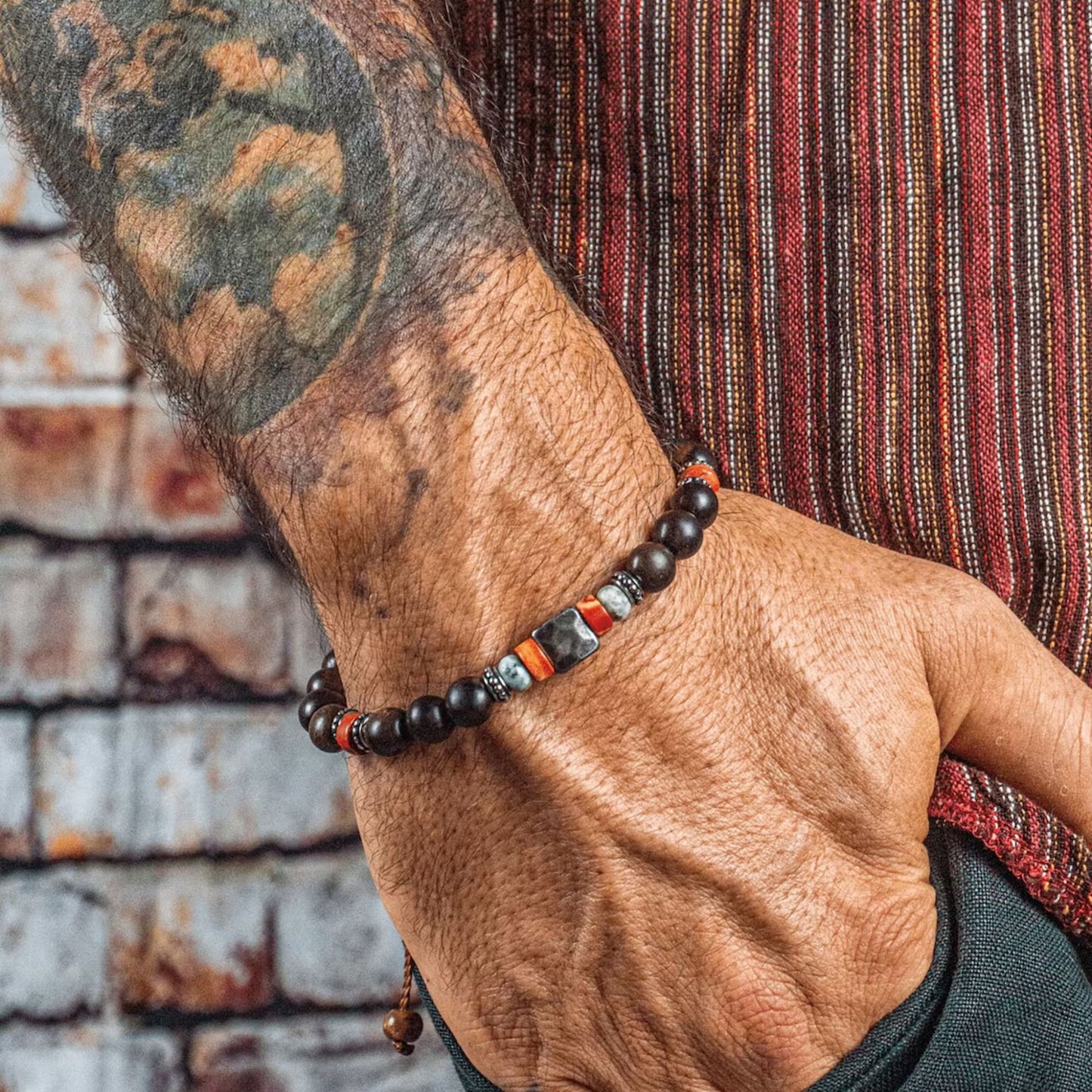 Vintage Geometric Skull Handmade Wood Turquoise Beaded Bracelet