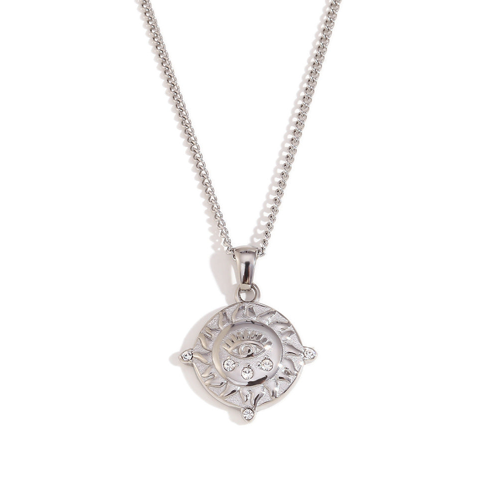 Vintage Minimalist Round Geometric Pendant Necklace in Stainless Steel with 18K Gold Plating for Women