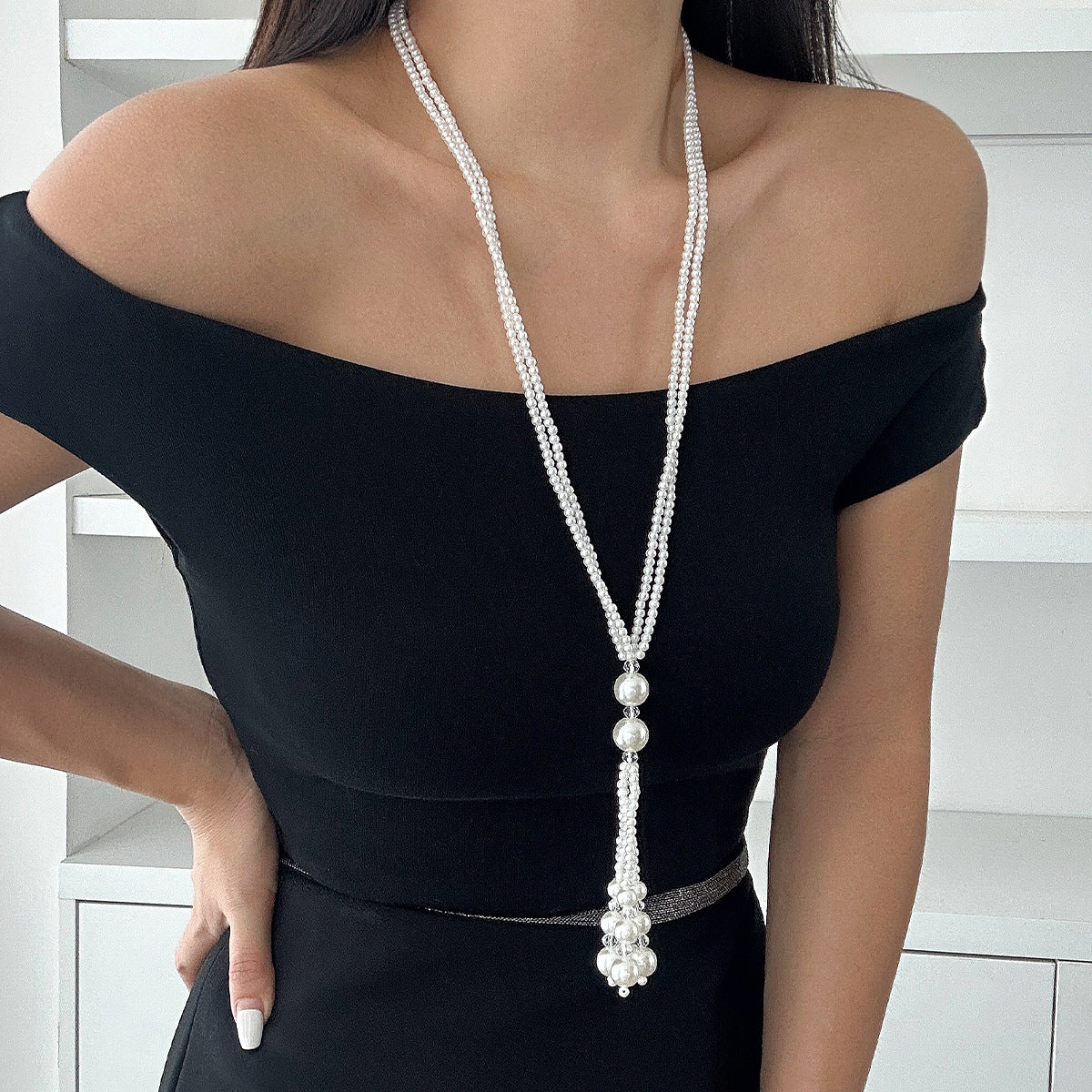 Minimalist Elegant Geometric Crystal Pearl Tassel Necklace Plated Ball Chain for Women