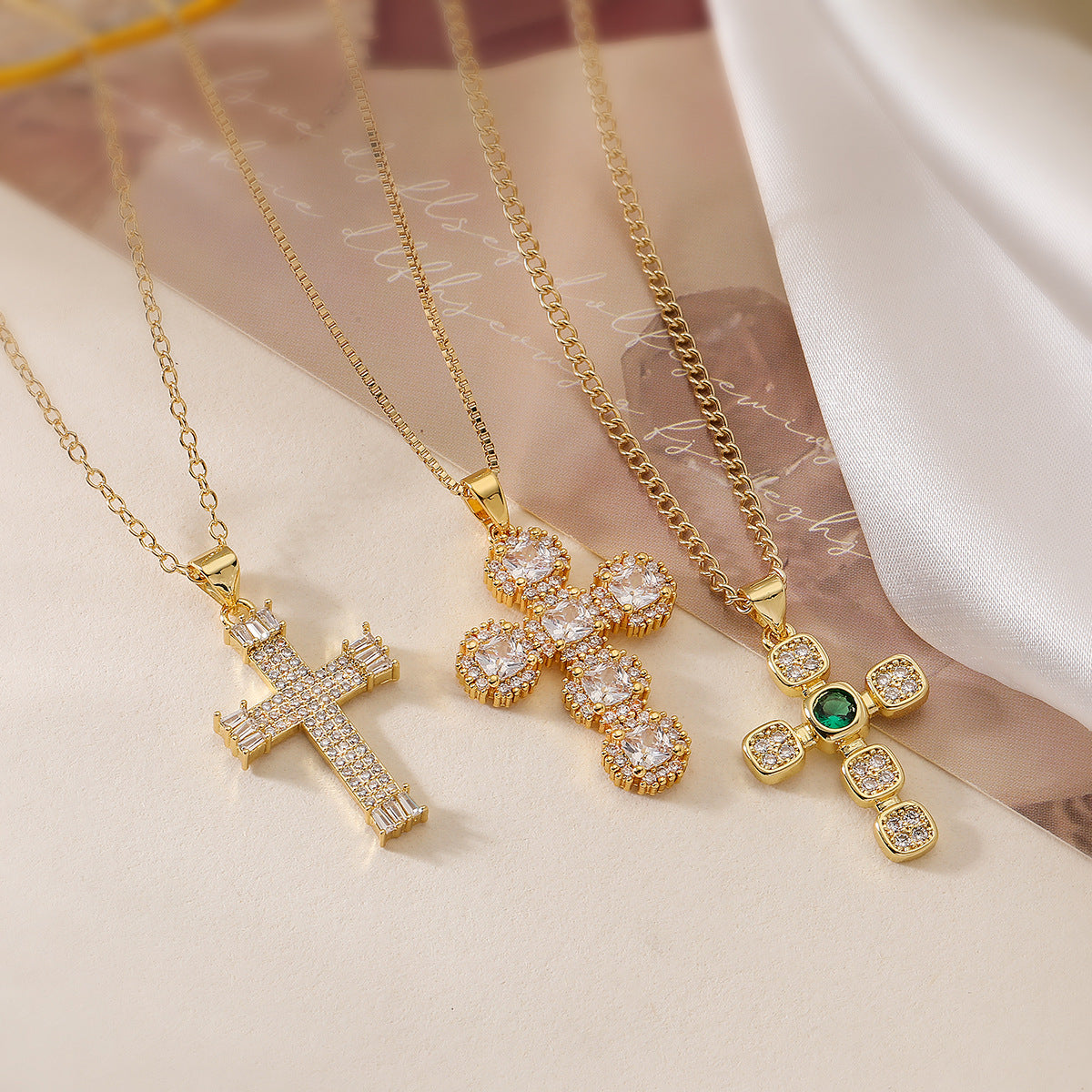 Minimalist Geometric Cross Pendant Necklace in Copper with 18K Gold Plating and Zircon Inlay for Women