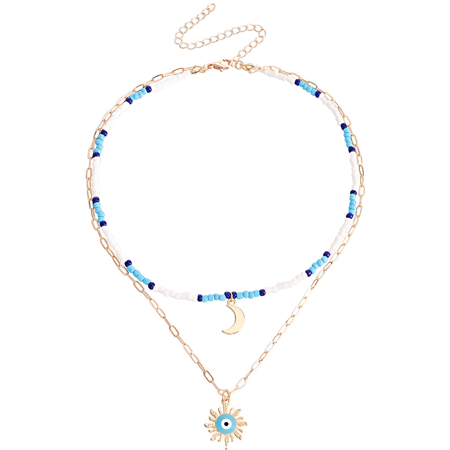 Bohemian Mixed-Color Miyu Moon and Evil Eye Pendant Necklace for Women with Alloy Construction and Electroplated Finish