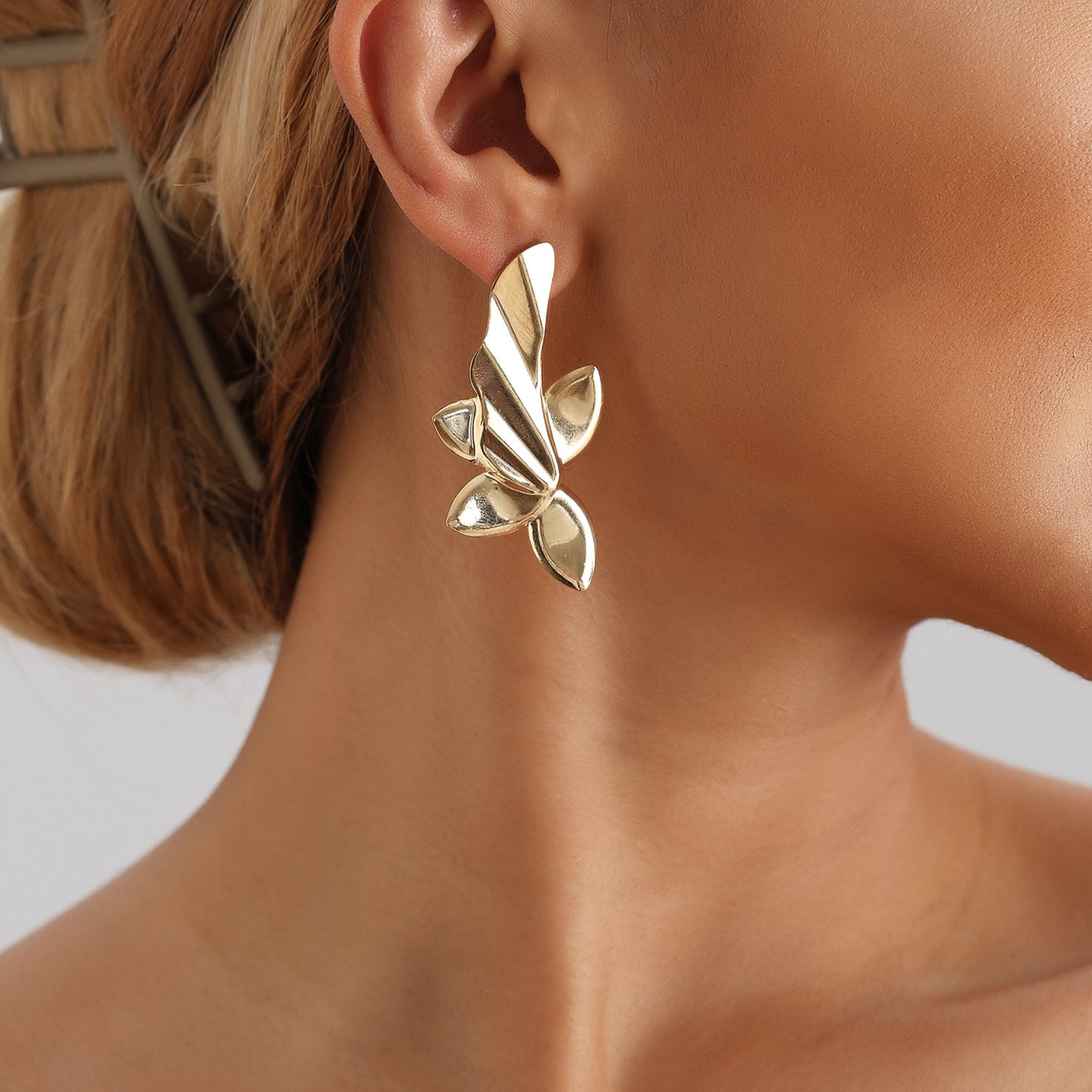 Minimalist Floral Leaf Stud Earrings for Women in Polished Metal with Electroplated Finish