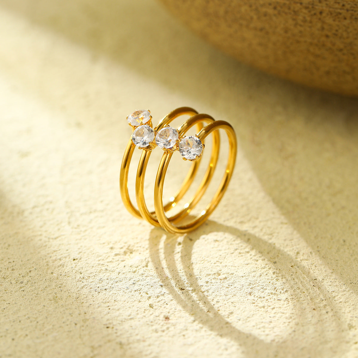 Minimalist Geometric Three-Layer Open Ring with Four Round Cubic Zirconia Stones Plated in 18K Gold Stainless Steel Women's Fashion Jewelry