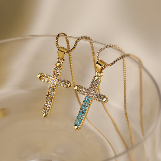 Minimalist Cross Pendant Necklace for Women in Copper with 18K Gold Plating and Full Zircon Inlay