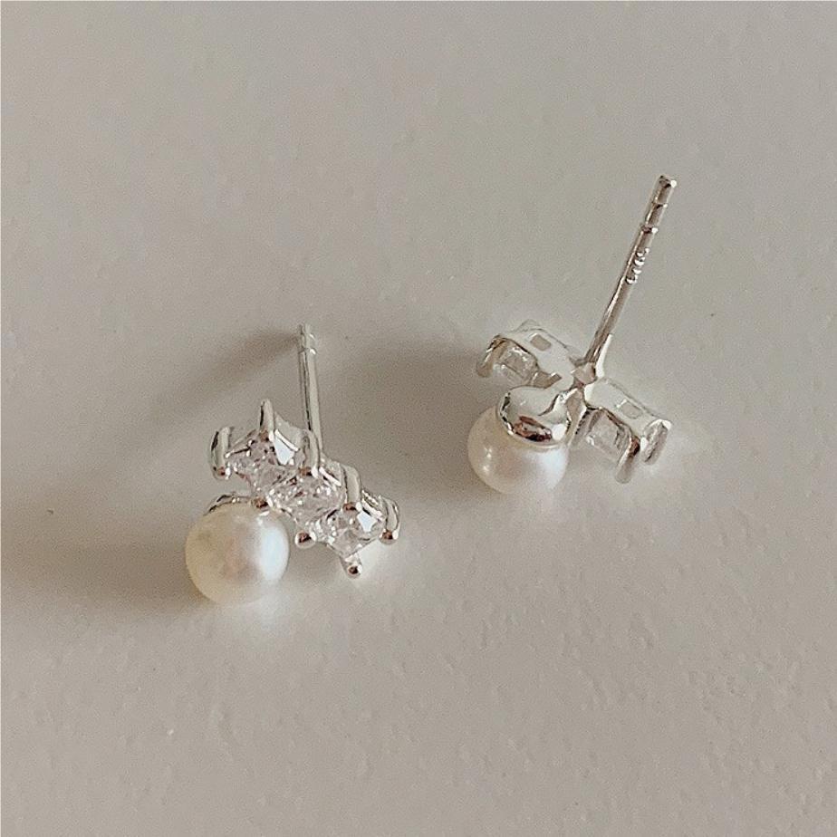 Minimalist Geometric Letter Shape 925 Sterling Silver Zircon and Pearl Stud Earrings for Women