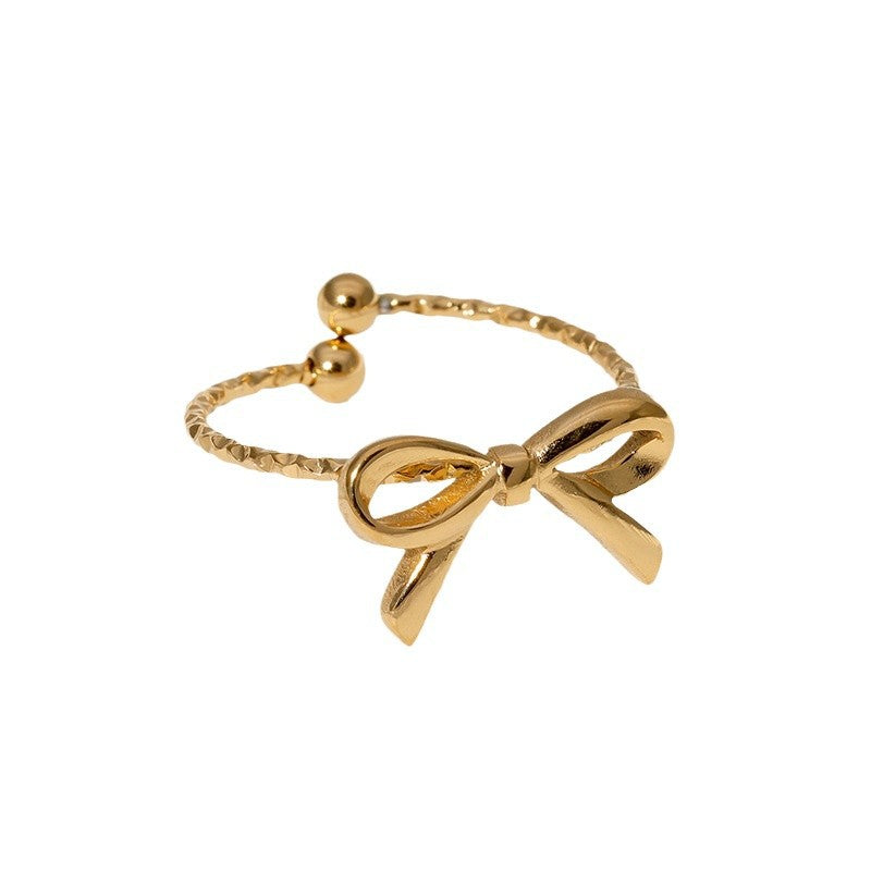 Cute Bow-Shaped Adjustable Open Ring in Stainless Steel with Gold Plating for Women