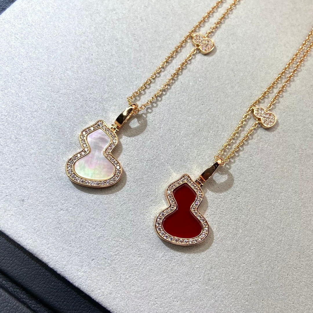 Collana con ciondolo a zucca stile cinese vintage con intarsi in cristallo e agata rossa, placcata in oro 18K su rame