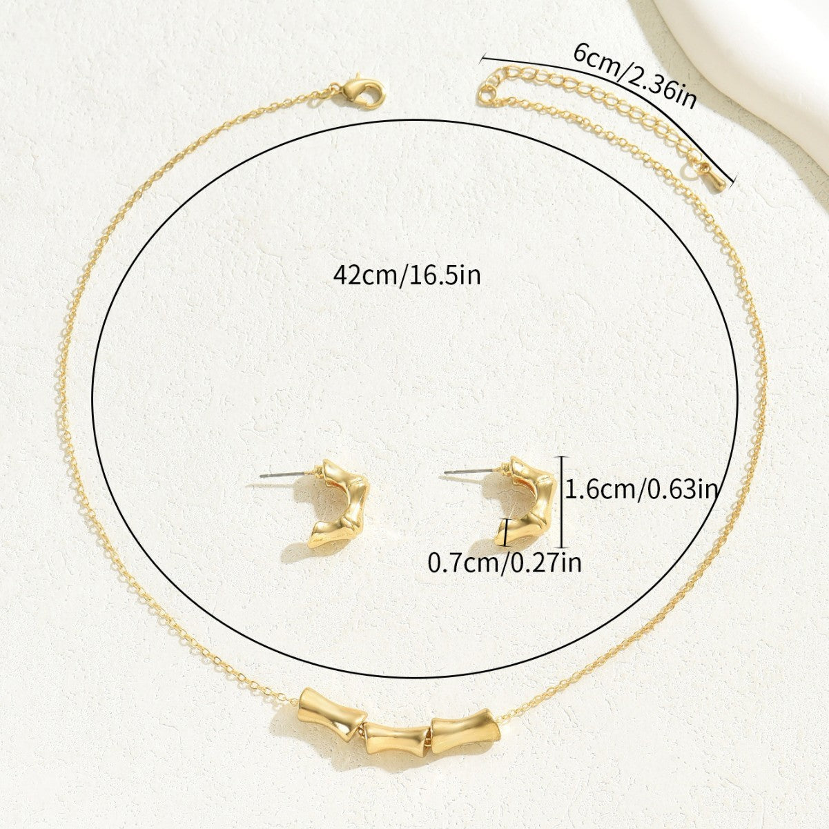 Juego de collar y pendientes de cobre minimalista con forma de bambú para mujer con acabado chapado