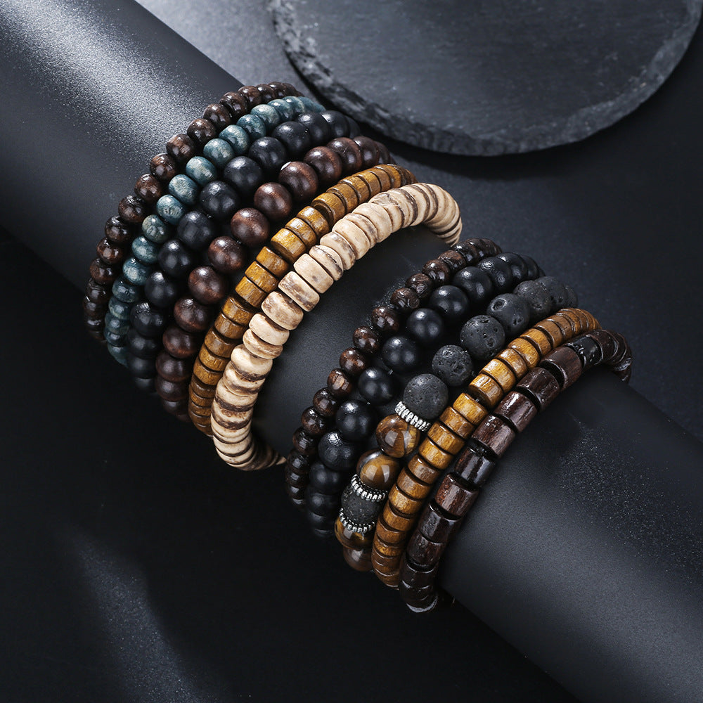 Vintage Geometric Wood and Gemstone Beaded Bracelet Set