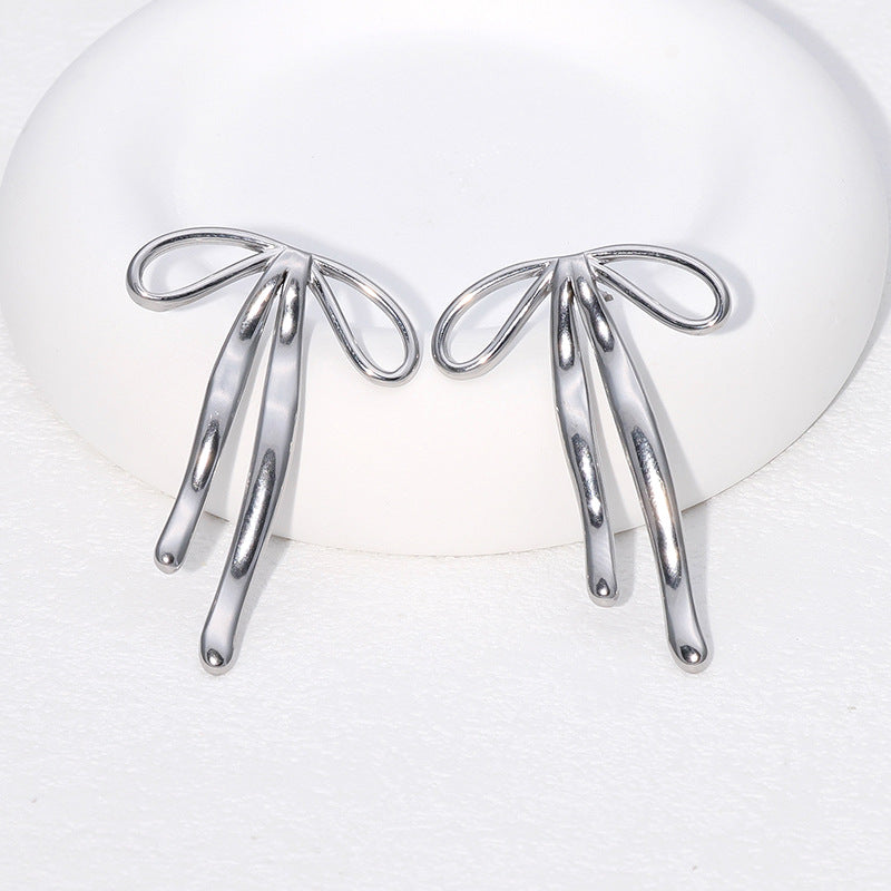Sweet Bow-Shaped Stainless Steel Earrings with 18K Gold Plating for Women