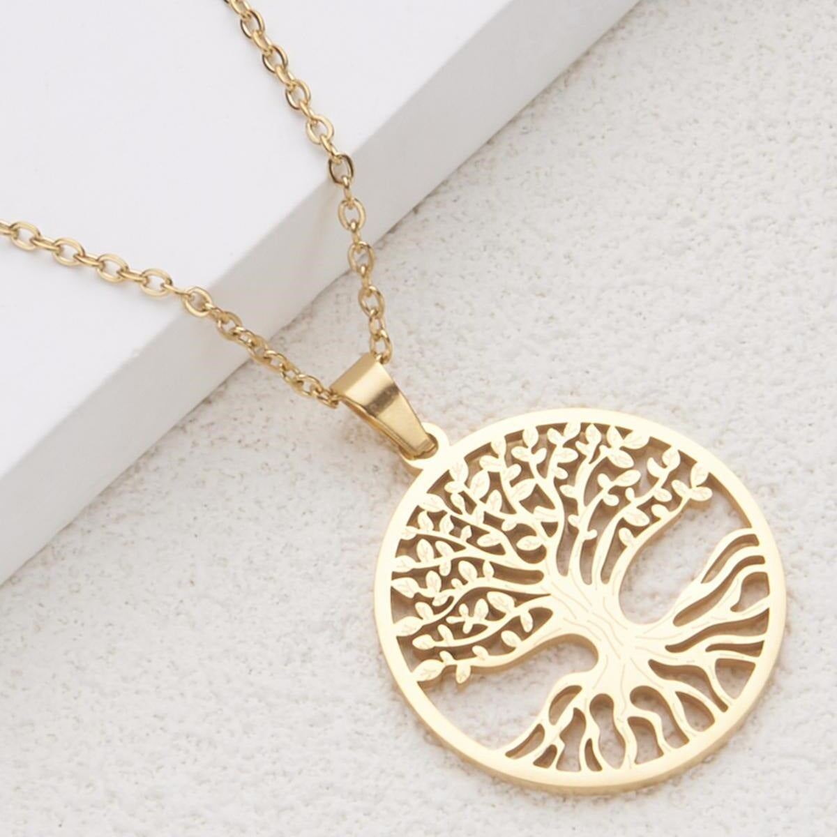 Minimalist Hollow Tree of Life Pendant Necklace for Women and Men in Stainless Steel with Titanium Steel Charm and Plated Finish