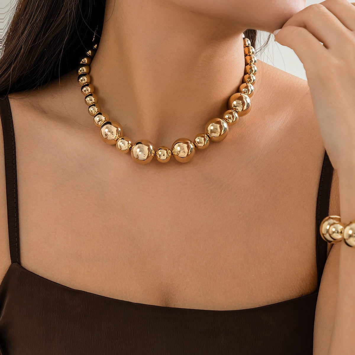 Punk Geometric Round Resin Beaded Ball Chain Necklace for Women